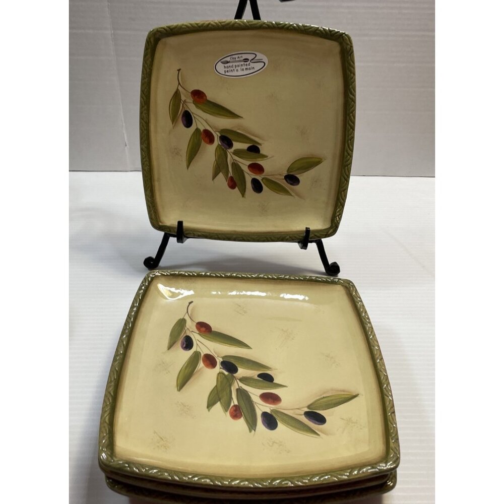 4 Clay Art Antique Olive Appetizer Salad Plates 8.5” Square Hand Painted - NEW